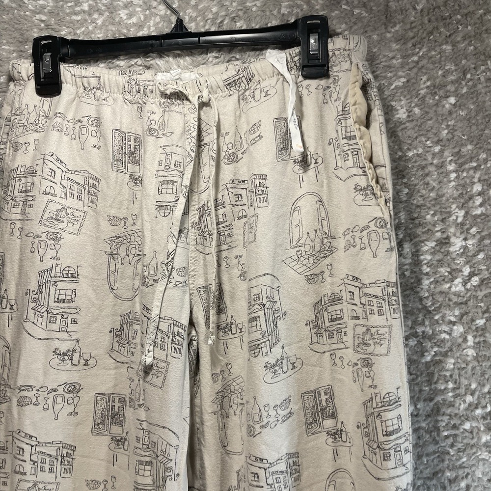 Cali 1850 M Linen Rayon Pants Beige European Cafe Sketch Print Wide Leg Vacation - Picture 3 of 11